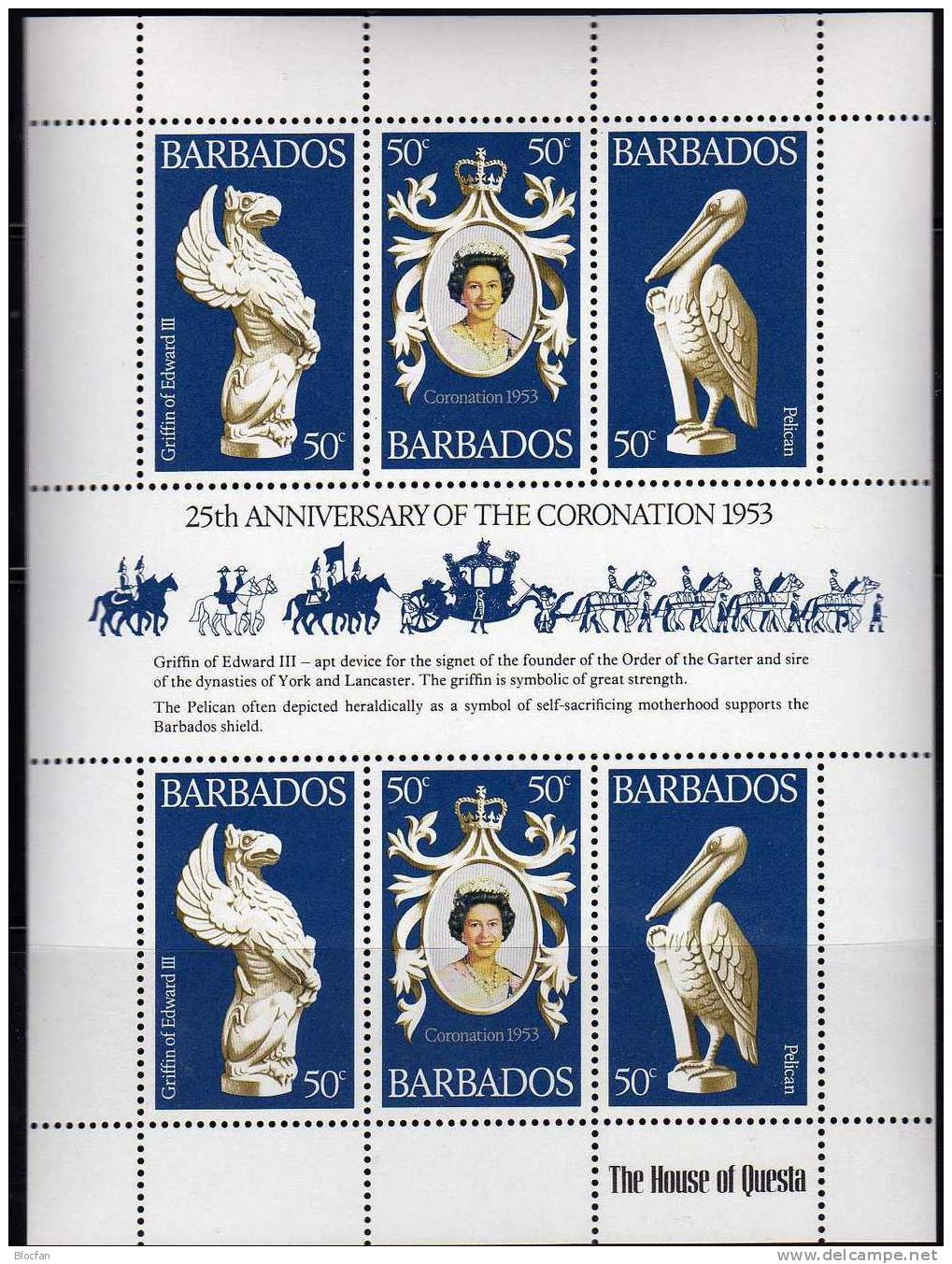 25 Jahre Krönung Elisabeth II. 1978 Barbados 441/3 Kleinbogen ** 4€ Wappen Griffin Vogel Pelikan Sheetlet From America - Barbades (1966-...)