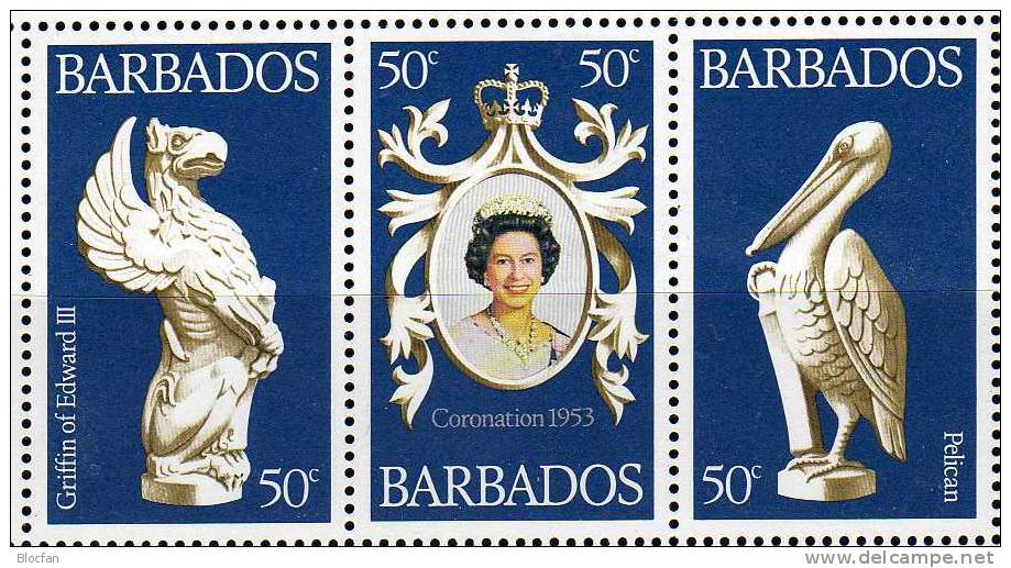 25 Jahre Krönung Elisabeth II. 1978 Barbados 441/3 Kleinbogen ** 4€ Wappen Griffin Vogel Pelikan Sheetlet From America - Barbados (1966-...)