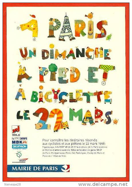 CPM PUB Publicité A PARIS Un Dimanche A PIED Et à BICYCLETTE Le 22 Mars ° Mairie De Paris - Advertising