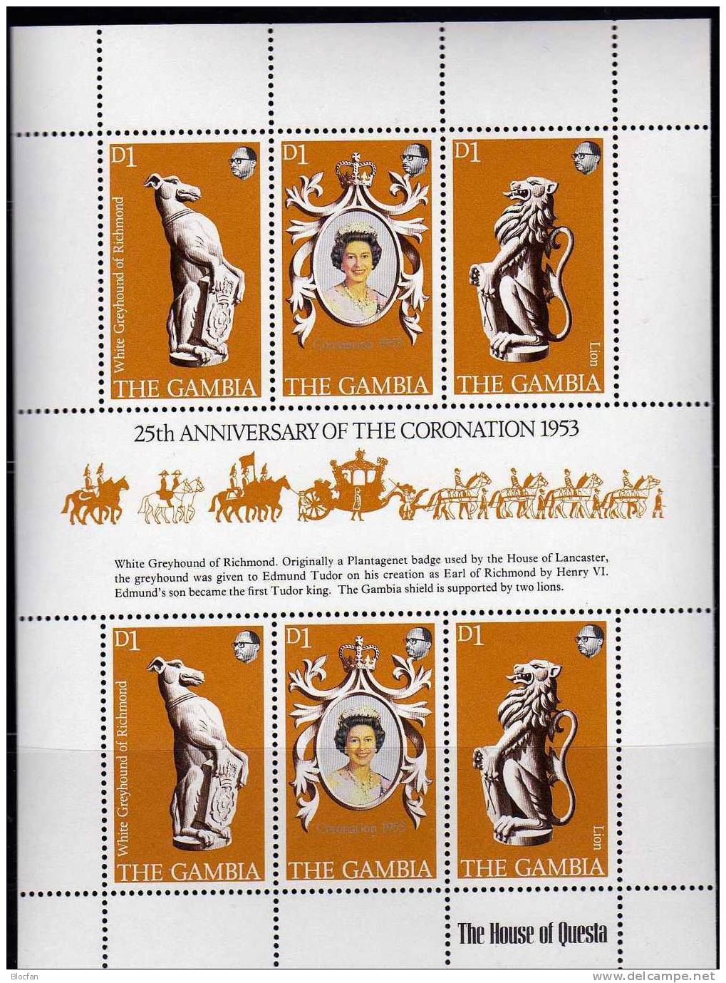 25 Jahre Krönung Elisabeth II. 1978 Gambia 371/3 Kleinbogen ** 3€ Wappen Weißer Hund Löwe Sheetlet From Africa - Gambie (1965-...)