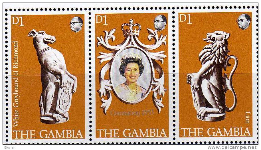 25 Jahre Krönung Elisabeth II. 1978 Gambia 371/3 Kleinbogen ** 3€ Wappen Weißer Hund Löwe Sheetlet From Africa - Gambie (1965-...)