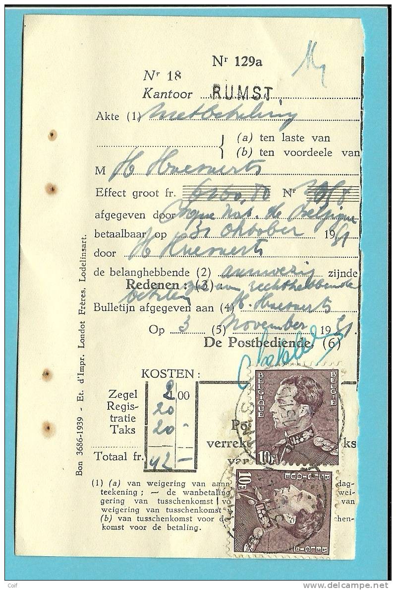 848A Op AKTE Met Stempel RUMST - 1936-51 Poortman