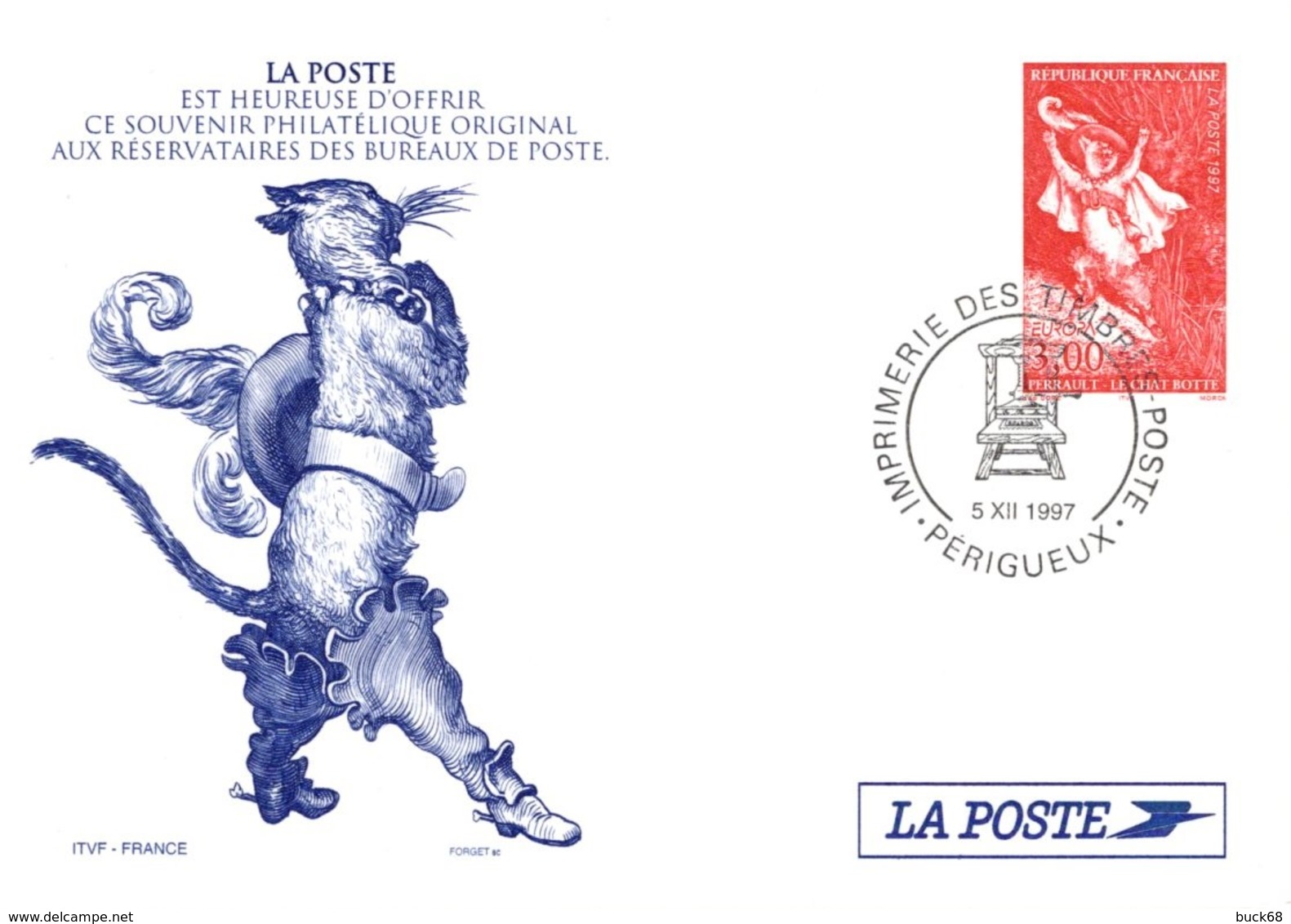 FRANCE Entier Postal 3058 (rouge) Souvenir LA POSTE : Le Chat Botté PERRAULT Conte Illustré DORE Cat Katze Gato - Sonderganzsachen