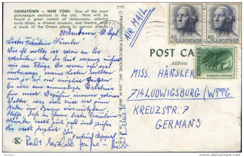 United States- Postcard 1963-  Manhattan-  Chinatown-New-York - 2/scans - Manhattan
