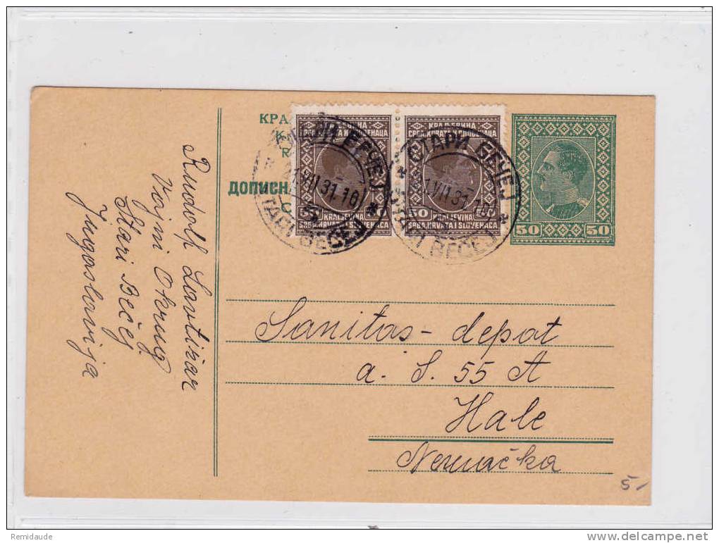 YOUGOSLAVIE - 1931 - CARTE POSTALE ENTIER (GANZSACHEN) De STARI BECEJ Pour HALLE (ALLEMAGNE) - Postal Stationery