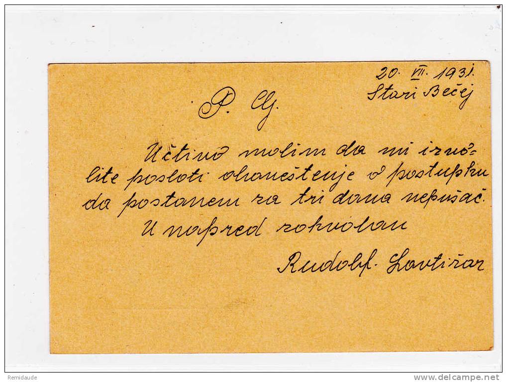 YOUGOSLAVIE - 1931 - CARTE POSTALE ENTIER (GANZSACHEN) De STARI BECEJ Pour HALLE (ALLEMAGNE) - Postal Stationery