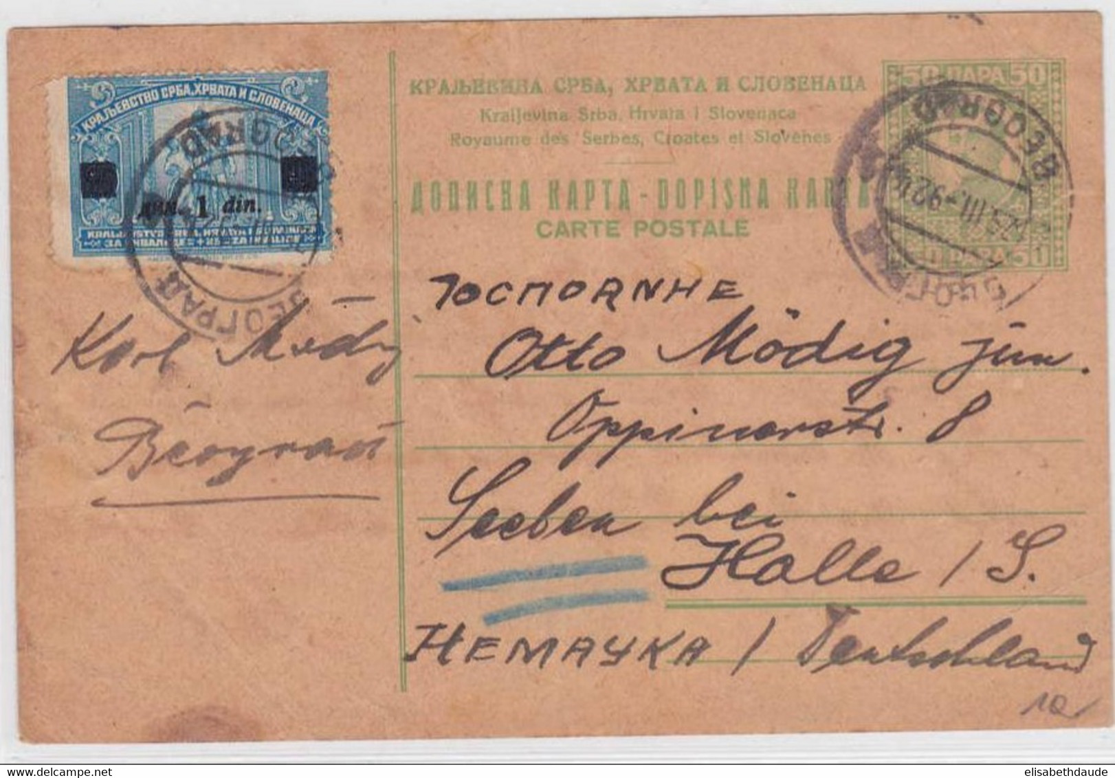 YOUGOSLAVIE - 1924 - CARTE POSTALE ENTIER (GANZSACHEN) De BELGRADE Pour HALLE (ALLEMAGNE) - Enteros Postales