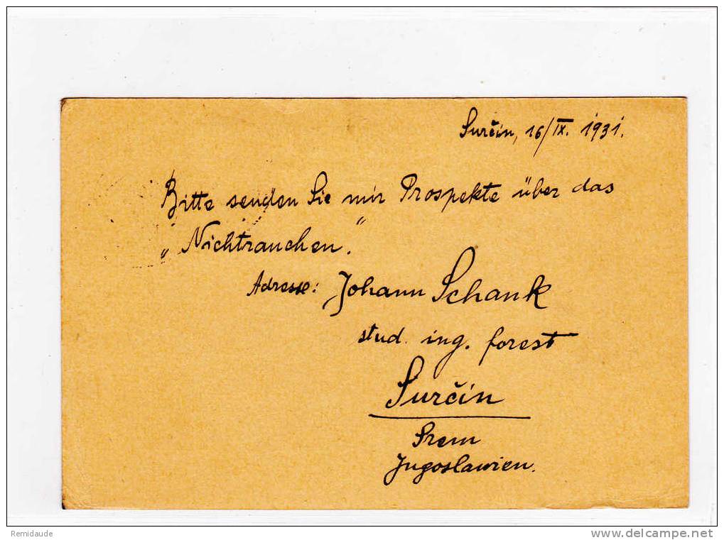 YOUGOSLAVIE - 1931 - CARTE POSTALE ENTIER (GANZSACHEN) De SURCIN Pour HALLE (ALLEMAGNE) - Postwaardestukken