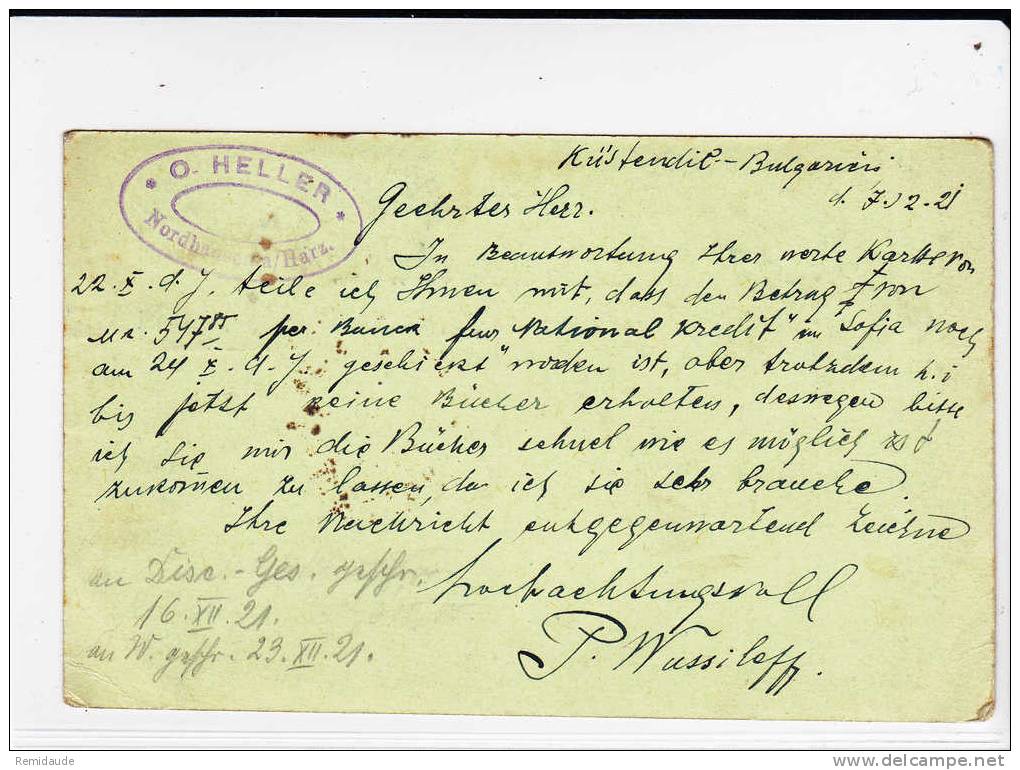 BULGARIE - 1921 - CARTE POSTALE ENTIER (GANZSACHEN) De KÜSTENDIL Pour HALLE (ALLEMAGNE) - Postkaarten