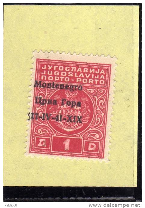 MONTENEGRO 1941 SEGNATASSE POSTAGE DUE TASSE TAXE 1 D MNH SOPRASTAMPA FORTEMENTE SPOSTATA A SINISTRA - Montenegro