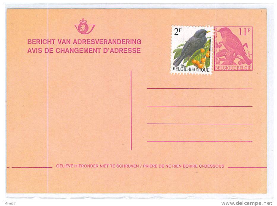 Entier Postal - Oiseaux - Avis Changement D'adresse - Adreswijziging