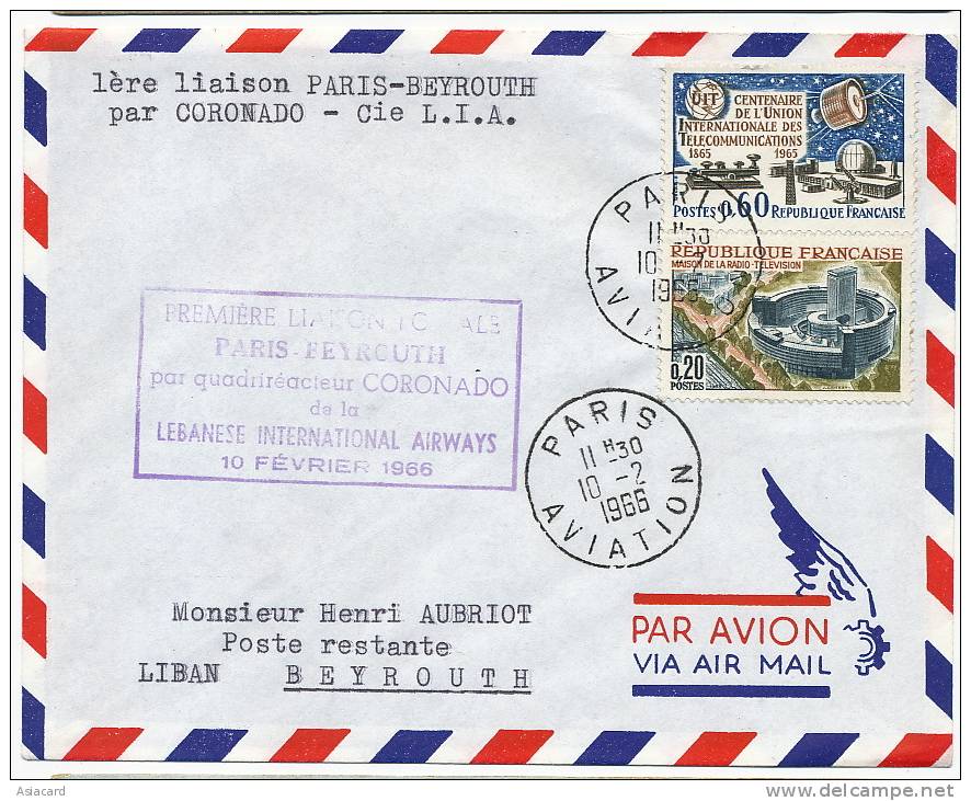 Premiere Liaison Aerienne Paris Beyrouth Coronado Lebanese Inter Airways 10/2/66 - Liban