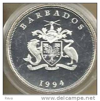BARBADOS $1 QUEEN MOTHER BACK EMBLEM FRONT 1994 SILVER  PROOF KM57 READ DESCRIPTION CAREFULLY !!! - Barbades