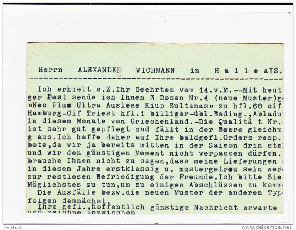 GRECE - 1926 - TYPE IRIS + HERMES Sur CP COMMERCIALE RACCOURCIE De LE PIREE Pour HALLE (ALLEMAGNE - SACHSEN) - Storia Postale