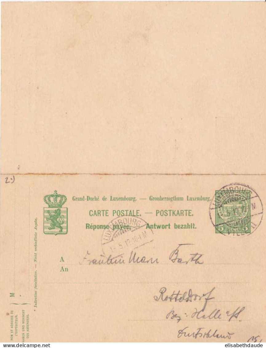 LUXEMBOURG - 1912 - CARTE POSTALE ENTIER Avec REPONSE De LUXEMBOURG Pour HALLE (ALLEMAGNE - SACHSEN) - Entiers Postaux