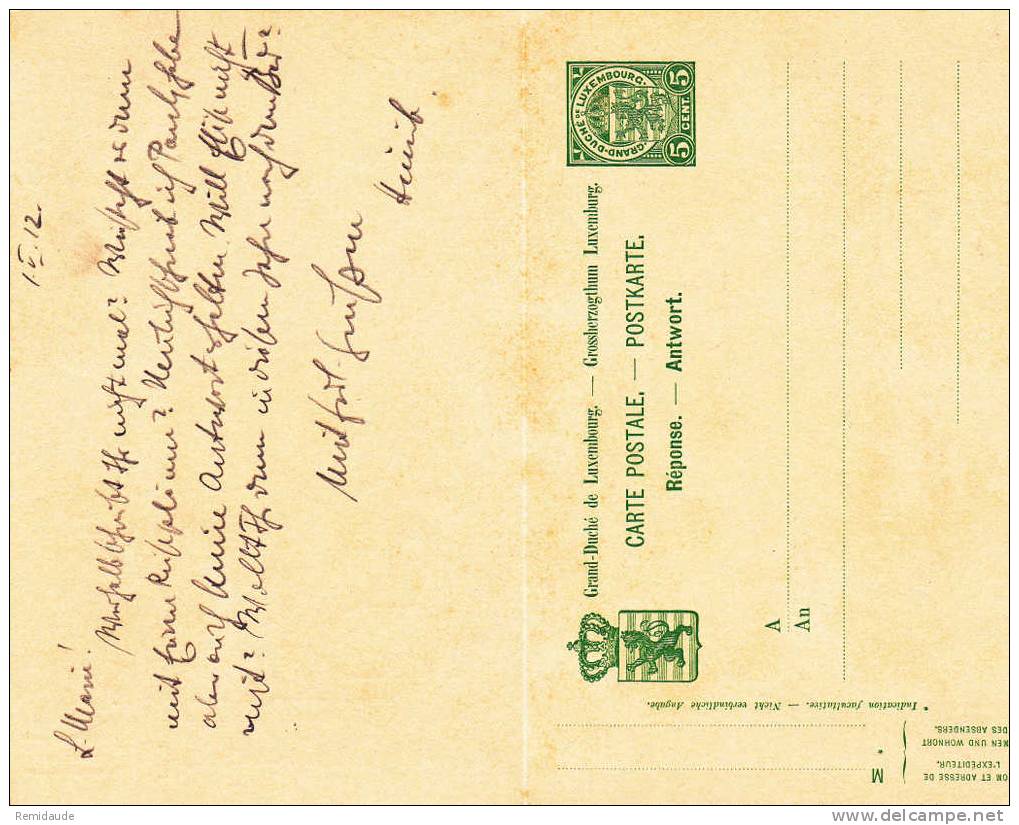 LUXEMBOURG - 1912 - CARTE POSTALE ENTIER Avec REPONSE De LUXEMBOURG Pour HALLE (ALLEMAGNE - SACHSEN) - Postwaardestukken
