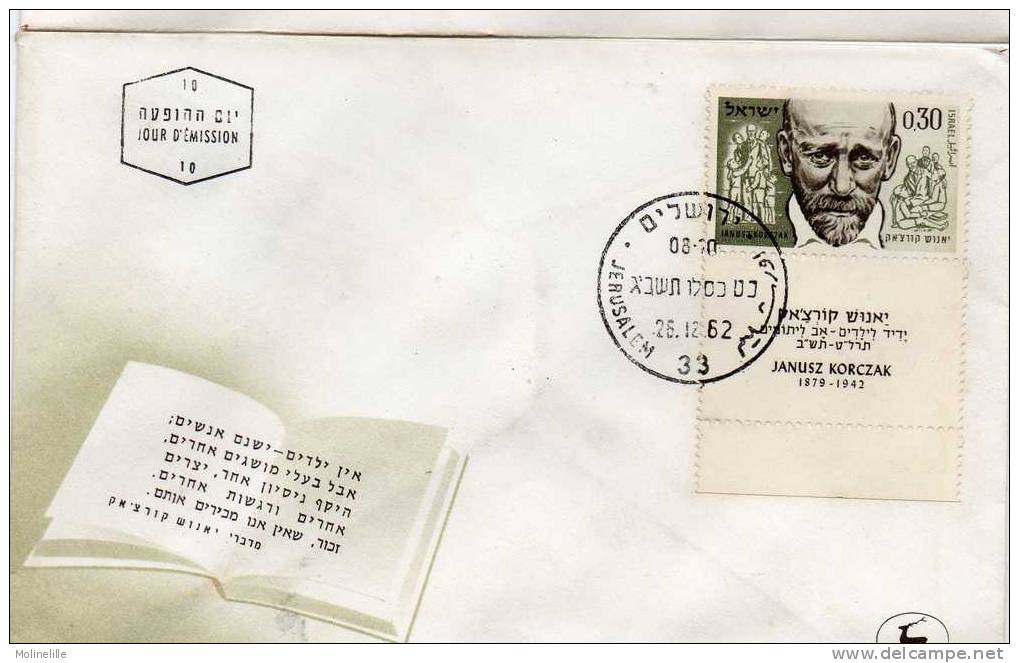 ISRAEL : F.D.C N°229 - Avec Tab - J. KORCZAK (pédagogue) - FDC