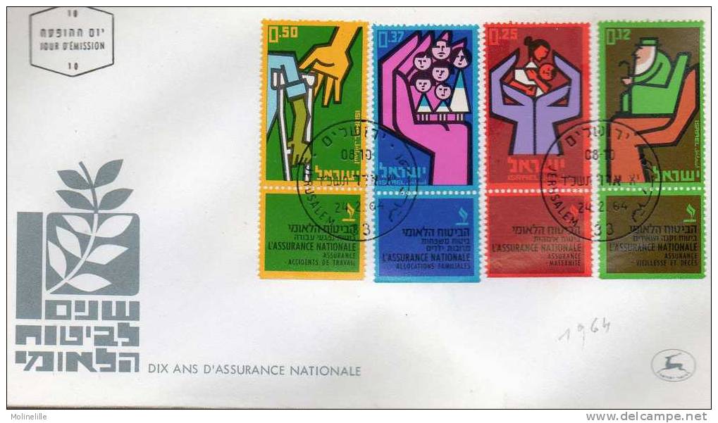 ISRAEL : F.D.C N°247/250  - Avec Tab -  INSTITUT NATIONAL D'ASSURANCES - FDC