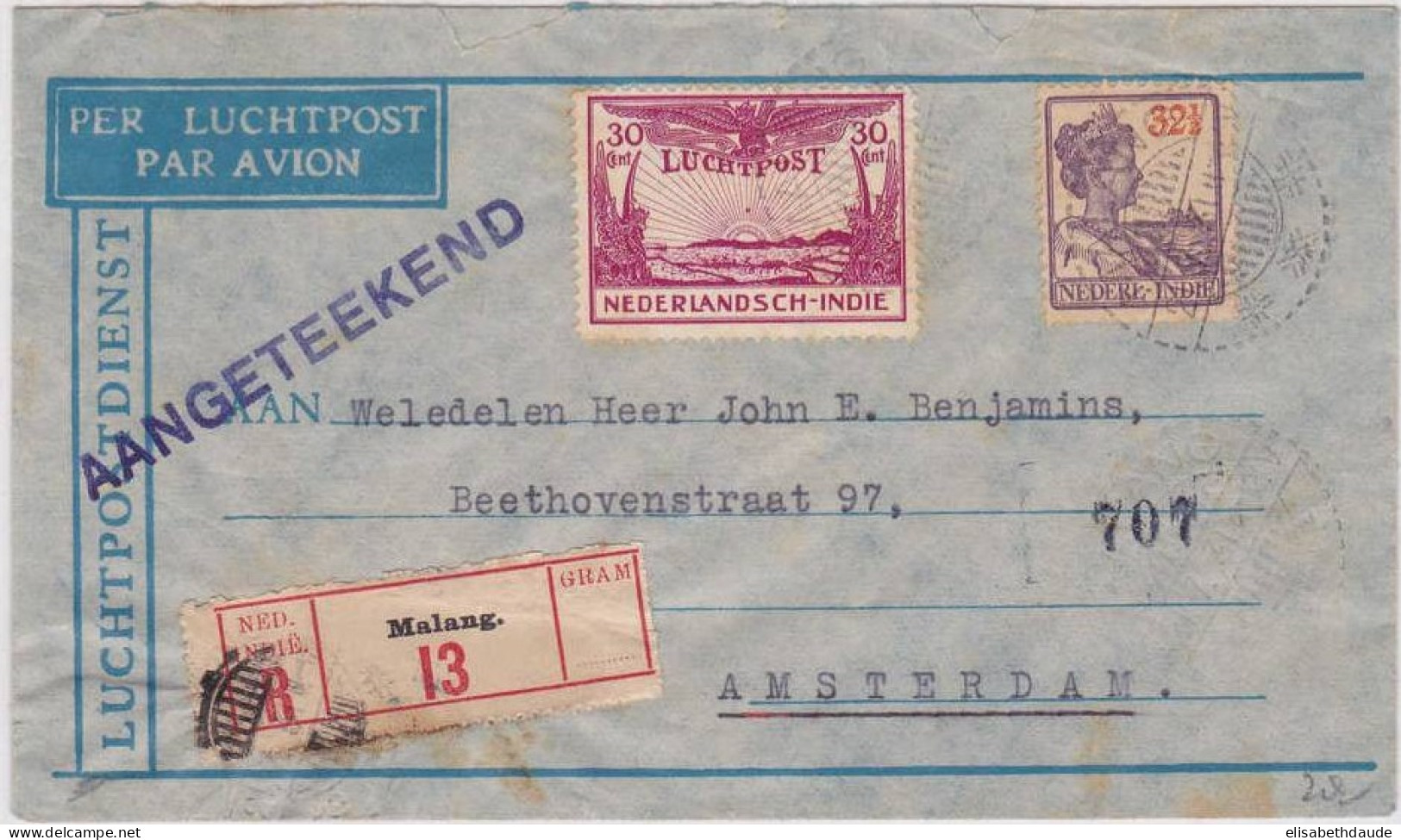 NEDERLANDSCH-INDIE - 1931 - LETTRE Par AVION RECOMMANDEE De MALANG Pour AMSTERDAM - Niederländisch-Indien