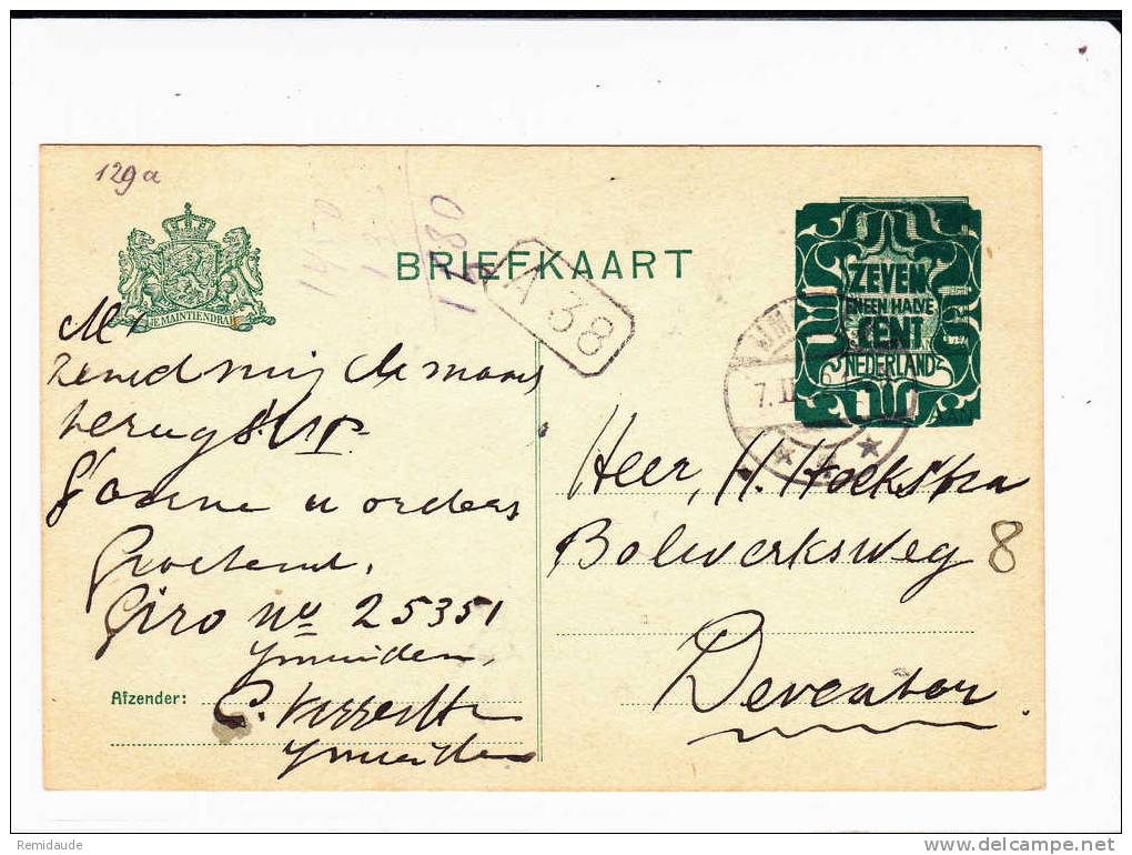 NEDERLAND - 1922 - CARTE POSTALE ENTIER SURCHARGEE De IJMMIDEN Pour DEVANTEN - Postal Stationery