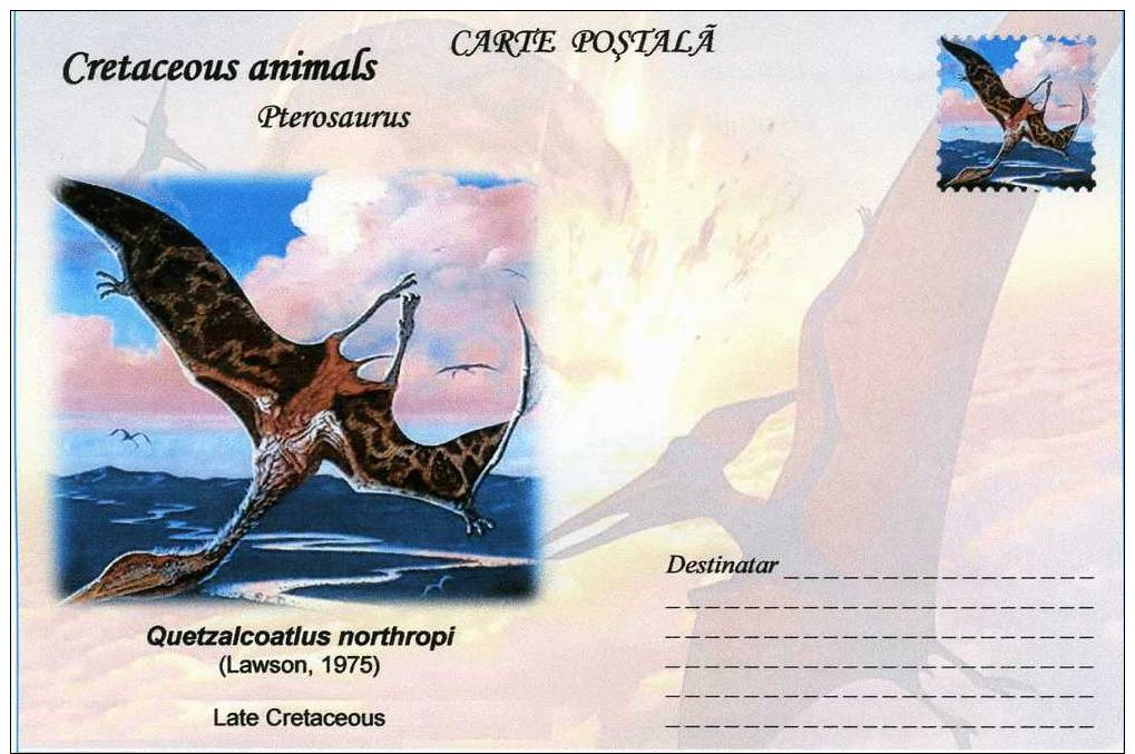 Carte Postale, Romania, 2011, Animaux Prehistoriques, Cretaceous Pterosaurus, Quetzalcoatlus - Prehistorisch