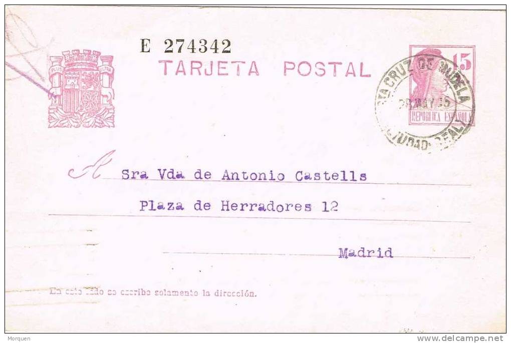 Entero Postal SANTA CRUZ De MUDELA (Ciudad Real) 1935. Republica - 1931-....