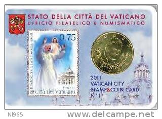 BENEDETTO XVI ANNO 2011  VATICANO  COIN CARD Con FRANCOBOLLO BEATIFICAZIONE GIOVANNI PAOLO II  FIOR DI CONIO   ( UNC ) - Vatican