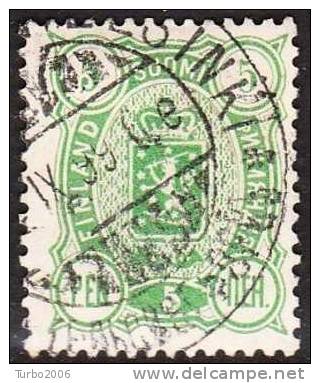 FINLAND : 1889 Wappen Geänderte Zeichnung Zähnung 14:13  5 Penni Grün Michel 28 B - Used Stamps