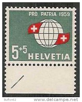 SUISSE / SWITZERLAND - 1959 - N° 625 - PRO PATRIA :  Globe Et Drapeau Suisse / Swiss Flag And Globe. - Ungebraucht