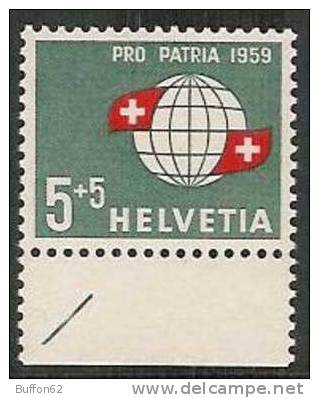 SUISSE / SWITZERLAND - 1959 - N° 625 - PRO PATRIA :  Globe Et Drapeau Suisse / Swiss Flag And Globe. - Nuovi