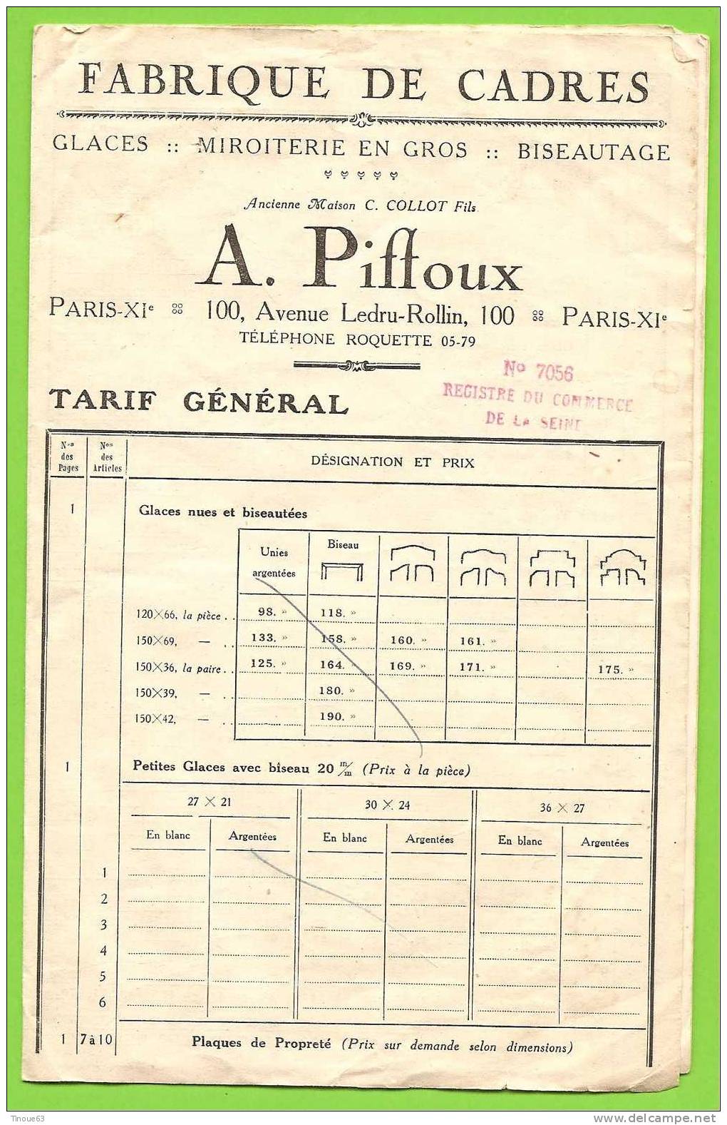 Catalogue Tarifs - Maison A. PIFFOUX à Paris - Fabrique De Cadres - Glaces - Miroiterie En Gros - Biseautage - Home Decoration