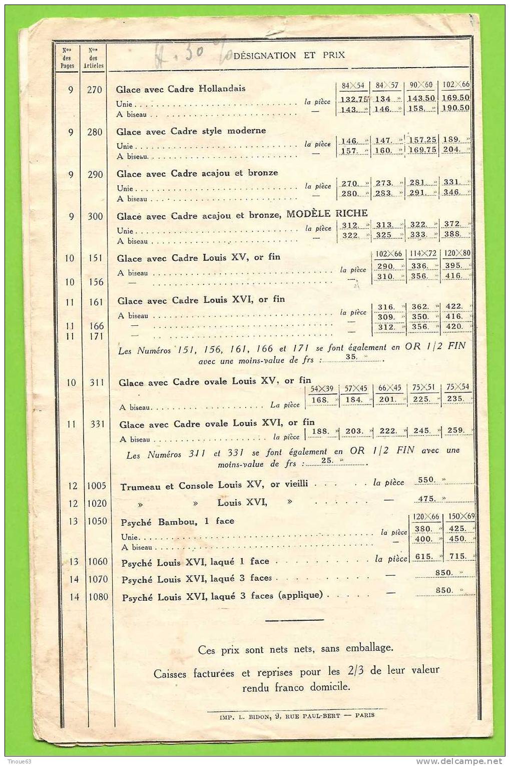 Catalogue Tarifs - Maison A. PIFFOUX à Paris - Fabrique De Cadres - Glaces - Miroiterie En Gros - Biseautage - Home Decoration