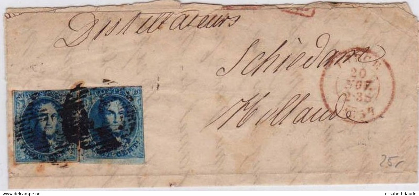 BELGIQUE - 1857 -  YVERT N°7 X2 Sur FRAGMENT De LETTRE De LIEGE Pour SCHIEDAM (HOLLANDE) - 1851-1857 Medaillons (6/8)