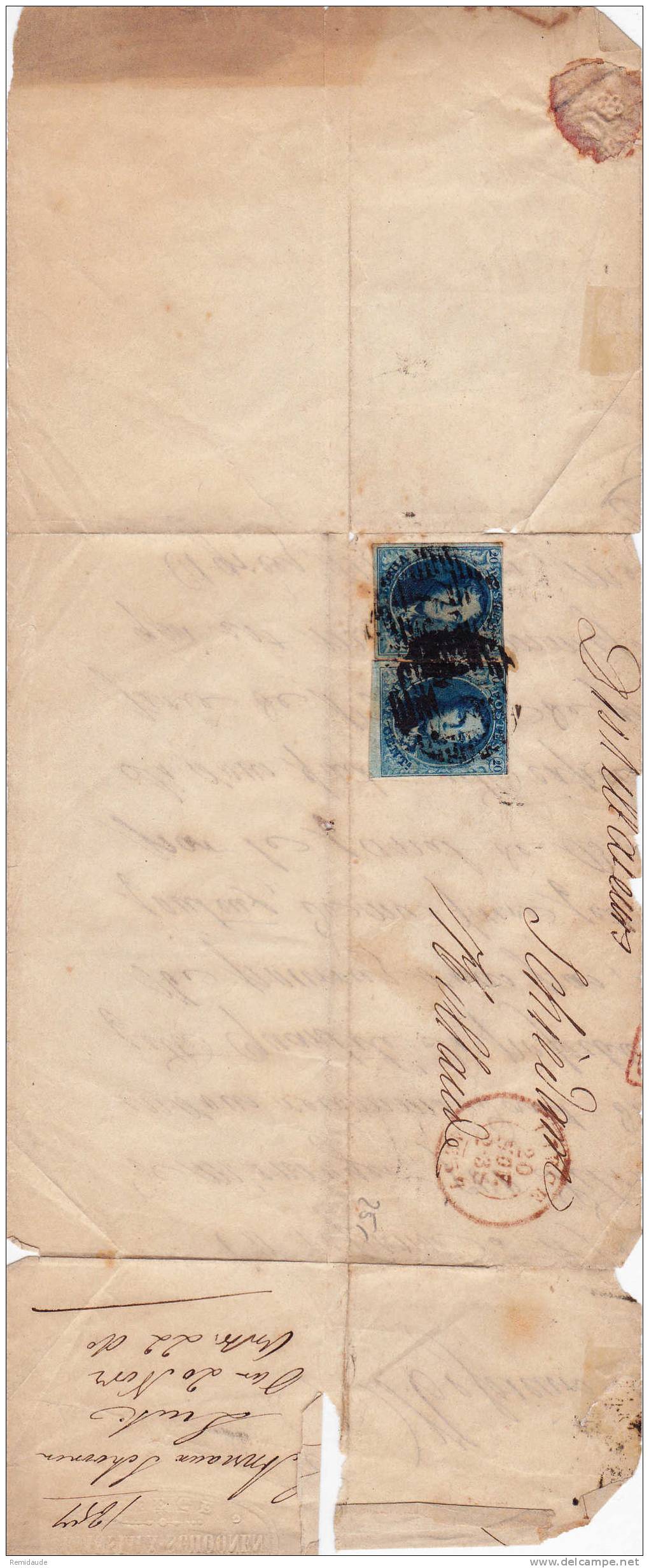BELGIQUE - 1857 -  YVERT N°7 X2 Sur FRAGMENT De LETTRE De LIEGE Pour SCHIEDAM (HOLLANDE) - 1851-1857 Medaillons (6/8)