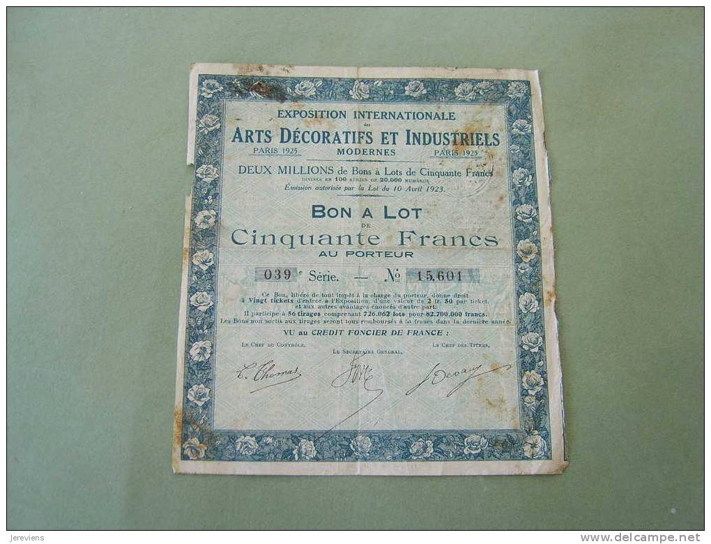 Bon Au Porteur De 50Frs Expo Internat 1925 Arts Decoratifs  Industriels Paris - Banque & Assurance