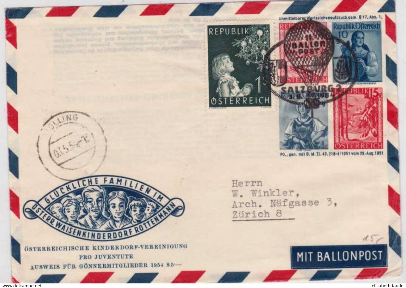 AUTRICHE - 1954 - ENVELOPPE-LETTRE ENTIER (GANZSACHEN) Par BALLON De SALZBURG Pour ZÜRICH (SUISSE) - Par Ballon