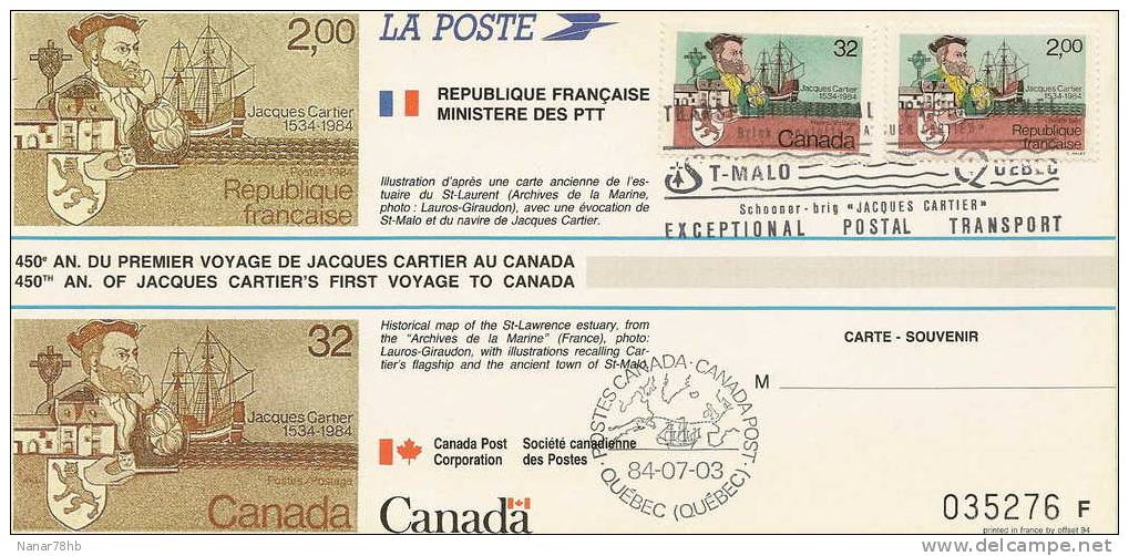 Carte Souvenir Franco Canadienne Pour L´émission Conjointe Du Timbre Jacques Cartier - Storia Postale