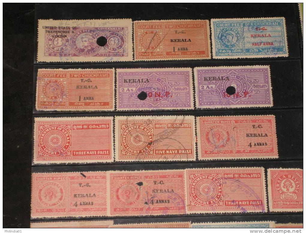 India Fiscal 50 Different Cochin Travancore Kerala State Court Fee & Revenue Stamps Diff Perforation Shade Inde Indien - Cochin