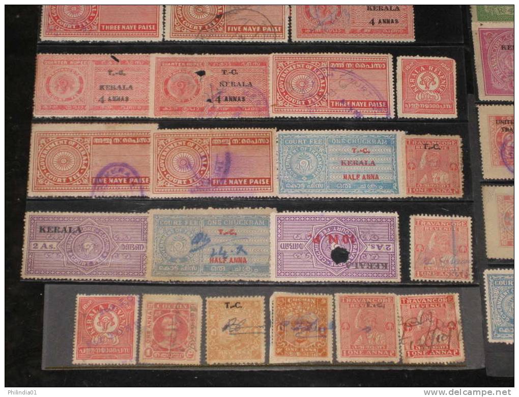 India Fiscal 50 Different Cochin Travancore Kerala State Court Fee & Revenue Stamps Diff Perforation Shade Inde Indien - Cochin