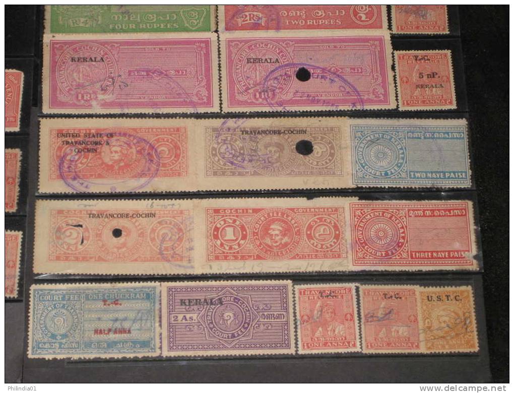 India Fiscal 50 Different Cochin Travancore Kerala State Court Fee & Revenue Stamps Diff Perforation Shade Inde Indien - Cochin