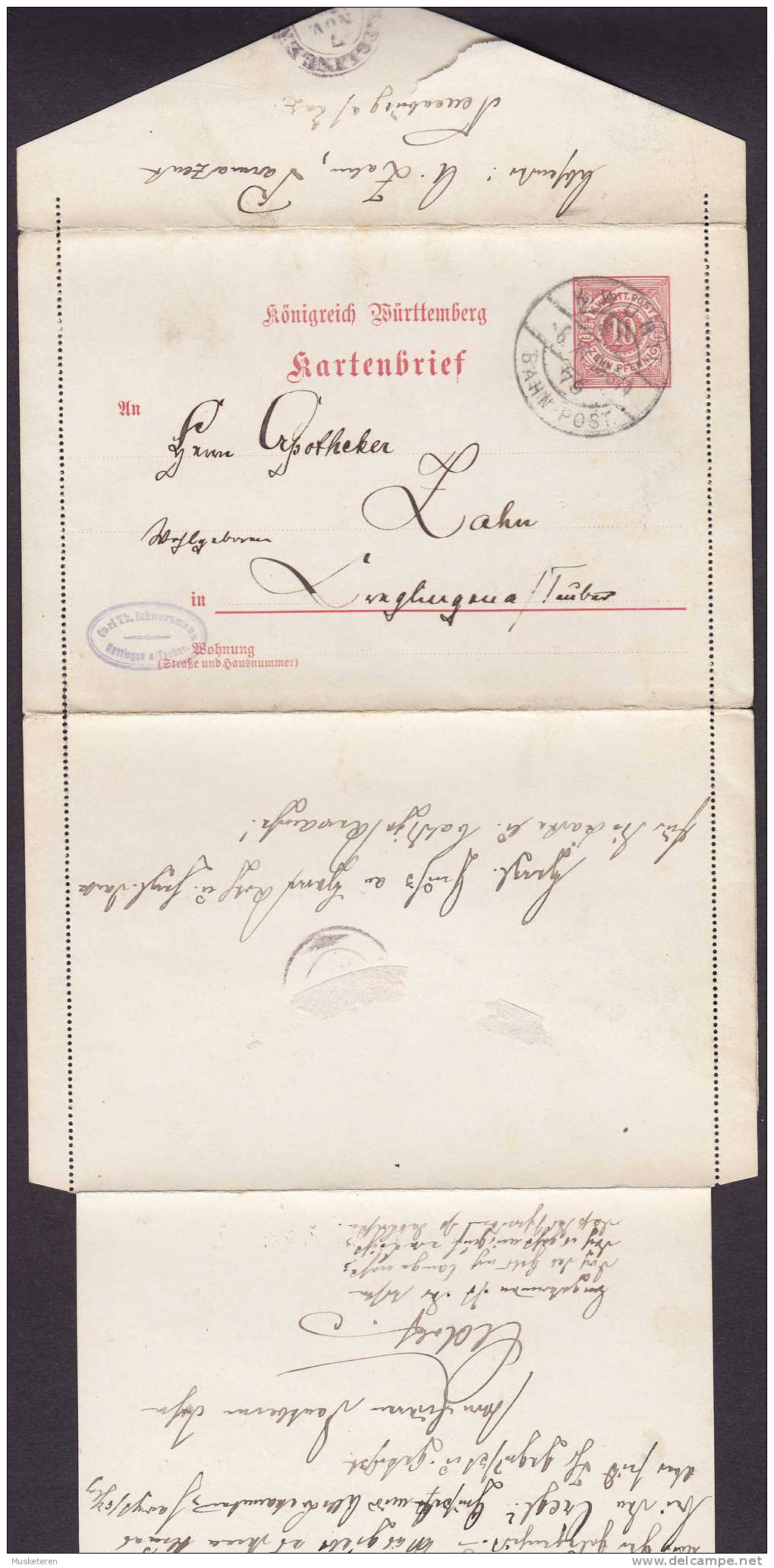 Württemberg Postal Stationery Ganzsache Entier Kartenbrief K. WÜRTH BAHN POST 1898 - Postwaardestukken