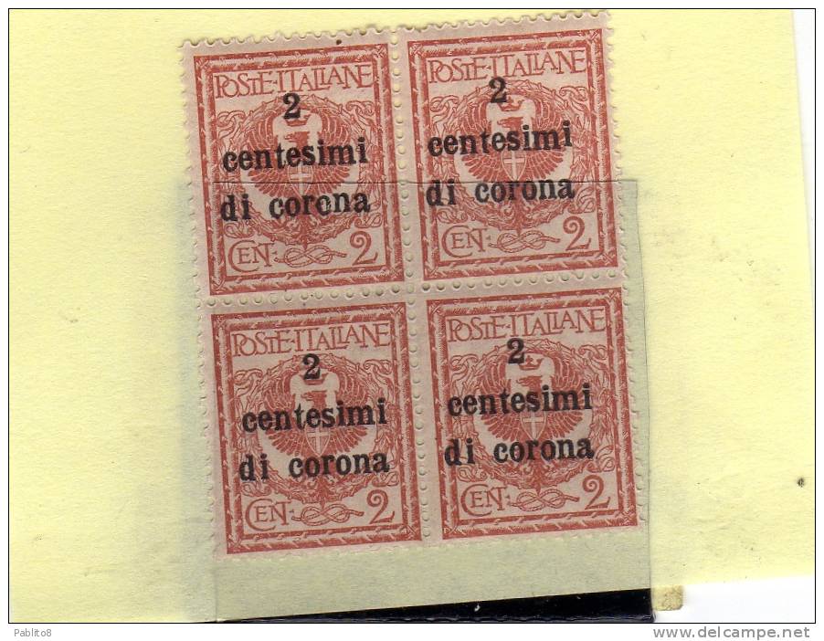 TRENTO E TRIESTE 1919 SOPRASTAMPATO D'ITALIA ITALY OVERPRINTED CENT. 2 C SU 2C QUARTINA BLOCK MNH - Trento & Trieste