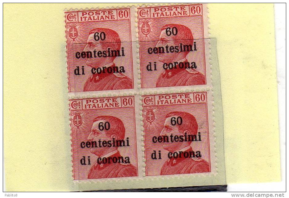 TRENTO E TRIESTE 1919 SOPRASTAMPATO D'ITALIA ITALY OVERPRINTED CENT. 60 C SU 60C QUARTINA BLOCK MNH - Trento & Trieste