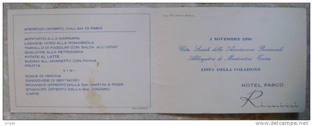 MENU CARTOLINA FORMATO GRANDE DOPPIA HOTEL PARCO RIMINI ANNO 1956 - Rimini