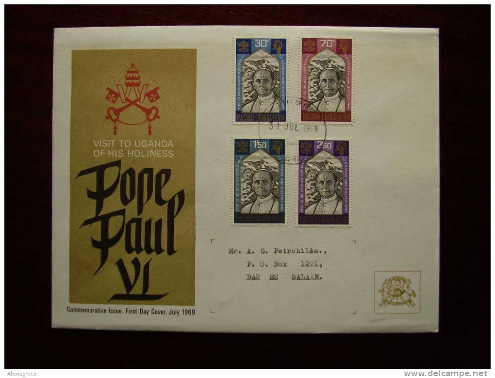 KUT 1969 VISIT Of POPE PAUL VI To UGANDA Issue 4 Values To 2/50  On FDC. - Kenya, Uganda & Tanzania