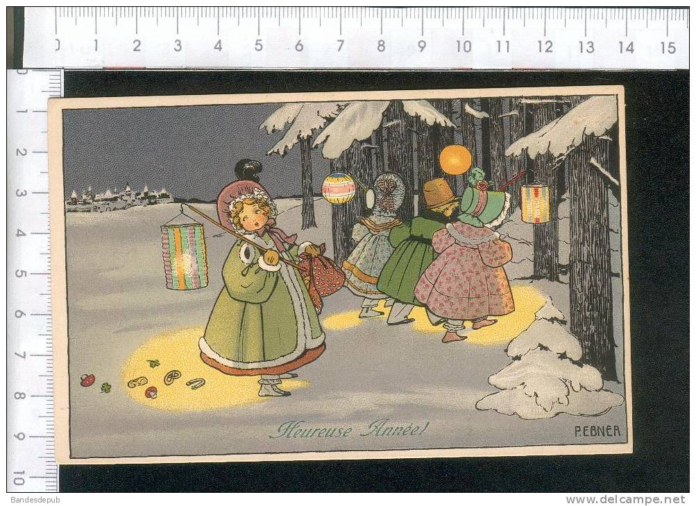 Très Jolie Carte Illustrateur Pauli Ebner Munk Vienne Bonne Année Enfant Lampion Forêt Hiver Nuit - Ebner, Pauli