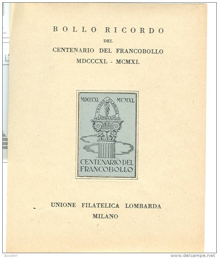 BOLLO RICORDO DEL  CENTENARIO DEL FRANCOBOLLO - 1940 - UNIONE FILATELICA LOMBARDA  - MILANO - Expositions Philatéliques