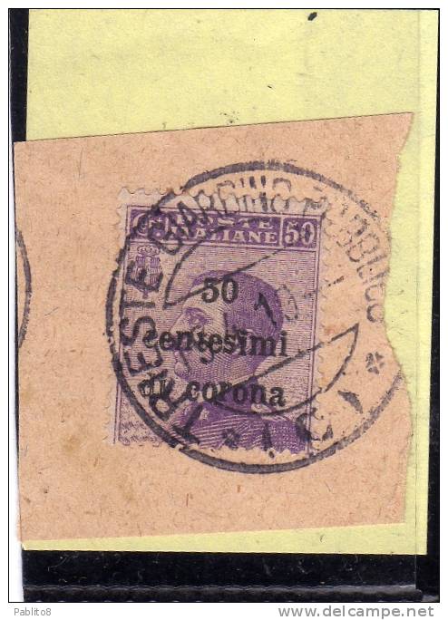 TRENTO E TRIESTE 1919 SOPRASTAMPATO D'ITALIA ITALY OVERPRINTED CENT. 50 C SU 50C USATO SU FRAMMENTO USED PAPER OBLITERE' - Trentin & Trieste