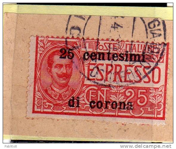 TRENTO E TRIESTE 1919 ESPRESSO SPECIAL DELIVERY CENT. 25 C SU 25C USATO SU FRAMMENTO USED ON PAPER OBLITERE' - Trento & Trieste