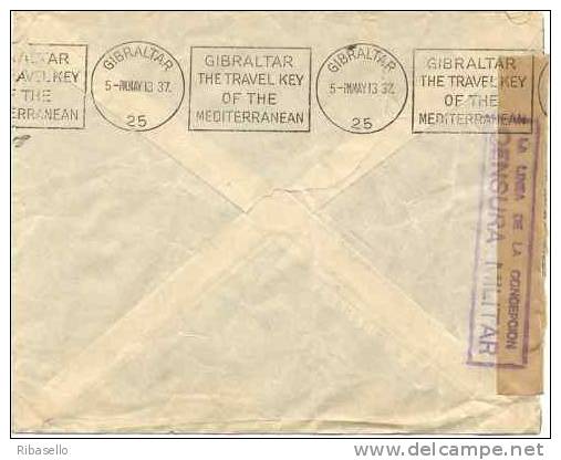 España 1937. Carta De La Linea A Londres Via Gibraltar. Censura. - Marcas De Censura Nacional